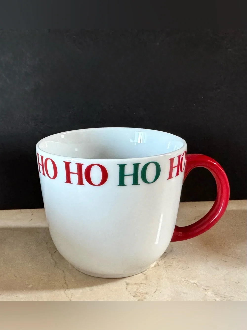 (Set/6) Crate & Barrel Ceramic HO HO HO White Holiday Mugs w/Red Handles